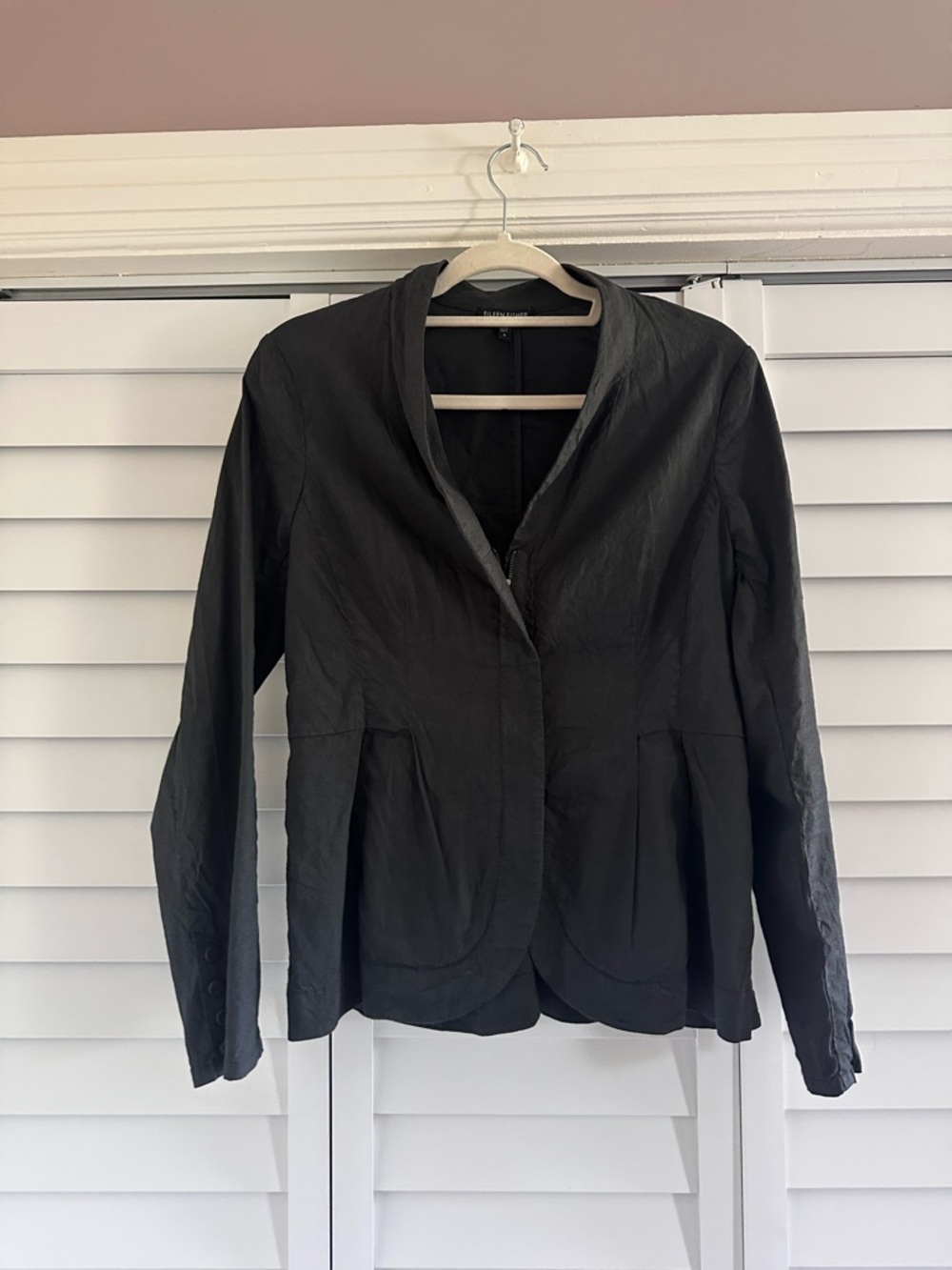 Eileen Fisher Charcoal Gray Linen Blend Draped Collar Blazer